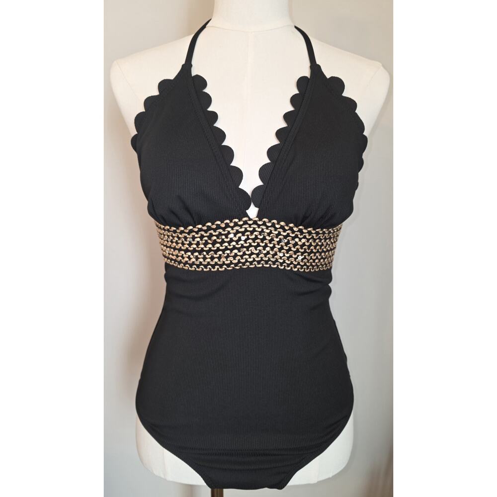 NWT XL Women's One-Piece Swimsuit Ribbed Black w/Sequins Cupshe MSRP $34